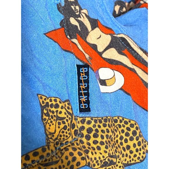 Baja Llama Purrfect Woman Leopard Blue Nighthawk Button Shirt Mens L Viscose - Picture 5 of 10